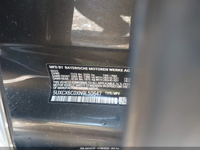 Aukcja sprzedaży 2022 Bmw X7 M50i, vin: 5UXCX6C0XN9L50647, numer aukcji: 45530320
