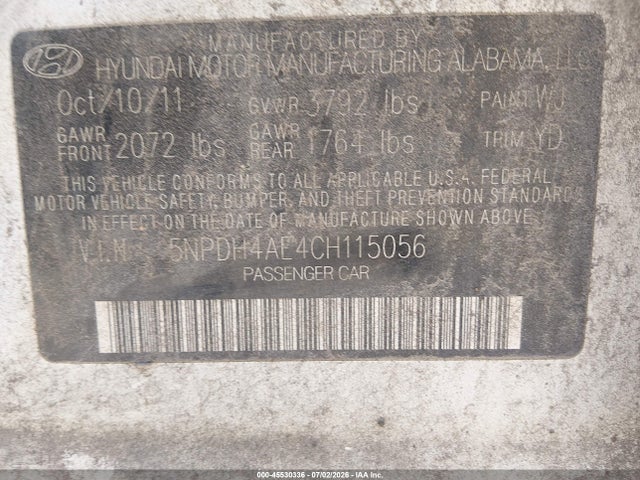 Продажа на аукционе авто 2012 Hyundai Elantra Gls, vin: 5NPDH4AE4CH115056, номер лота: 45530336