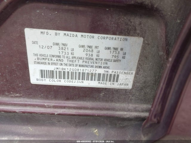 Aukcja sprzedaży 2008 Mazda Mazda3 I Sport, vin: JM1BK12G081871277, numer aukcji: 45530352