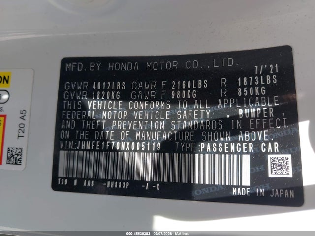 Honda CIVIC EX 2022 JHMFE1F70NX005119 Image 9