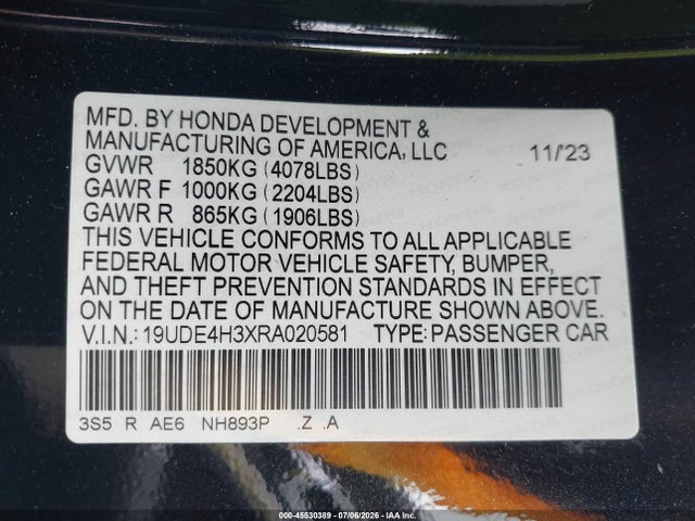 Aukcja sprzedaży 2024 Acura Integra A-spec, vin: 19UDE4H3XRA020581, numer aukcji: 45530389