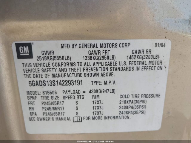 45530394 :رقم المزاد ، 5GADS13S142293191 vin ، 2004 Buick Rainier Cxl Plus مزاد بيع