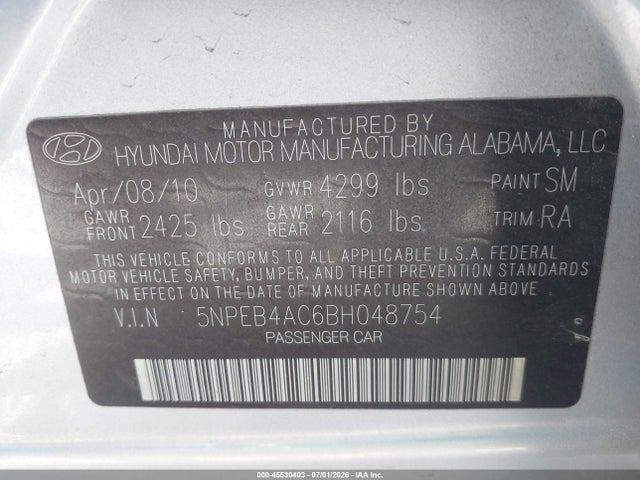 Aukcja sprzedaży 2011 Hyundai Sonata Gls, vin: 5NPEB4AC6BH048754, numer aukcji: 45530403