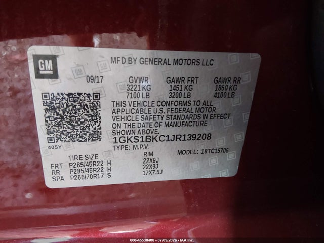 Aukcja sprzedaży 2018 Gmc Yukon Slt, vin: 1GKS1BKC1JR139208, numer aukcji: 45530408