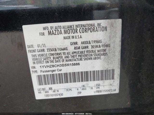 2011 Mazda Mazda6 I Touring მანქანა იყიდება აუქციონზე, vin: 1YVHZ8CH3B5M15886, აუქციონის ნომერი: 45530423