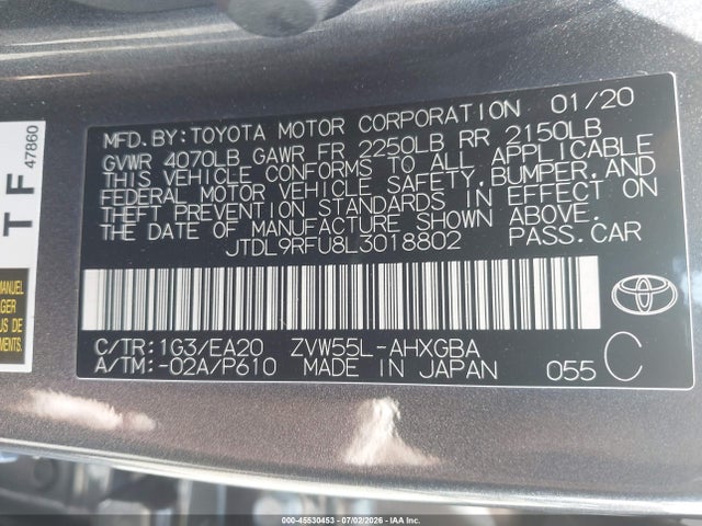 JTDL9RFU8L3018802 Toyota Prius Xle Awd-e
