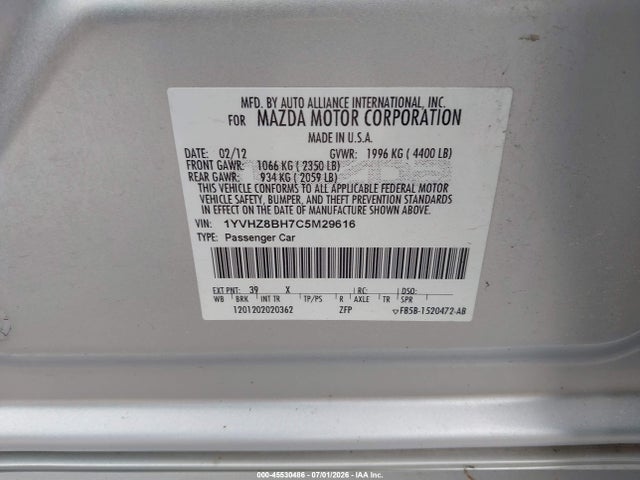45530486 :رقم المزاد ، 1YVHZ8BH7C5M29616 vin ، 2012 Mazda Mazda6 I Sport مزاد بيع