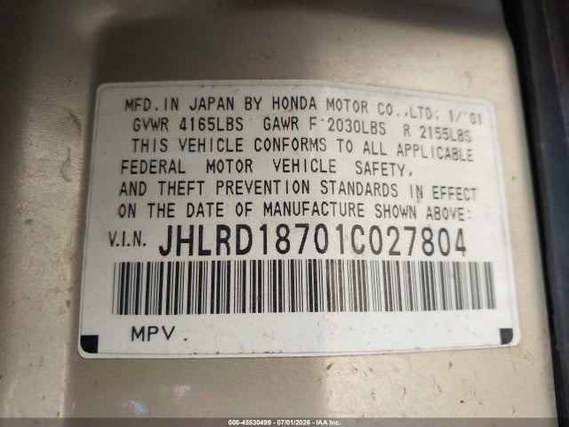 45530499 :رقم المزاد ، JHLRD18701C027804 vin ، 2001 Honda Cr-v Special Edition مزاد بيع