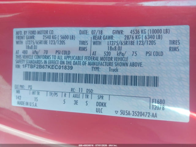 Продажа на аукционе авто 2019 Ford F-250 Xl, vin: 1FTBF2B67KEC01839, номер лота: 45530516