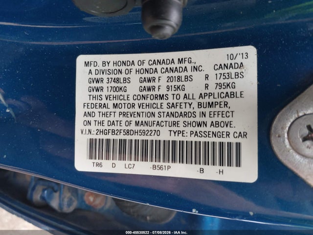 Aukcja sprzedaży 2013 Honda Civic Lx, vin: 2HGFB2F58DH592270, numer aukcji: 45530522