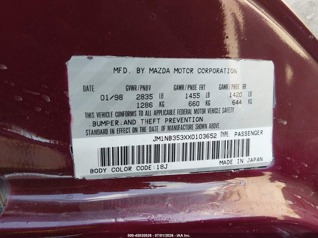 Продажа на аукционе авто 1999 Mazda Mx-5 Miata 10th Anniversary Edition/leather/popular Equip/sport/touring, vin: JM1NB353XX0103652, номер лота: 45530526