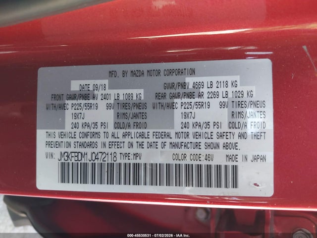 2018 Mazda Cx-5 Grand Touring მანქანა იყიდება აუქციონზე, vin: JM3KFBDM1J0472118, აუქციონის ნომერი: 45530531