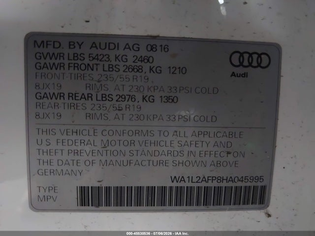 Продажа на аукционе авто 2017 Audi Q5 2.0t Premium, vin: WA1L2AFP8HA045995, номер лота: 45530536