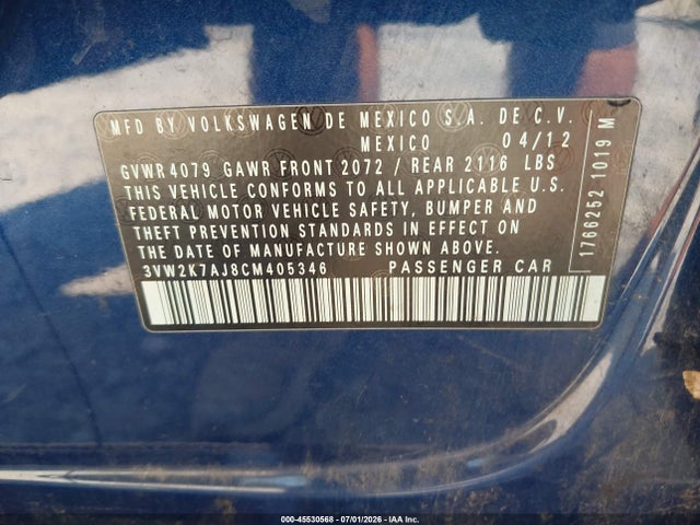 Продаж на аукціоні авто 2012 Volkswagen Jetta 2.0l S, vin: 3VW2K7AJ8CM405346, номер лоту: 45530568