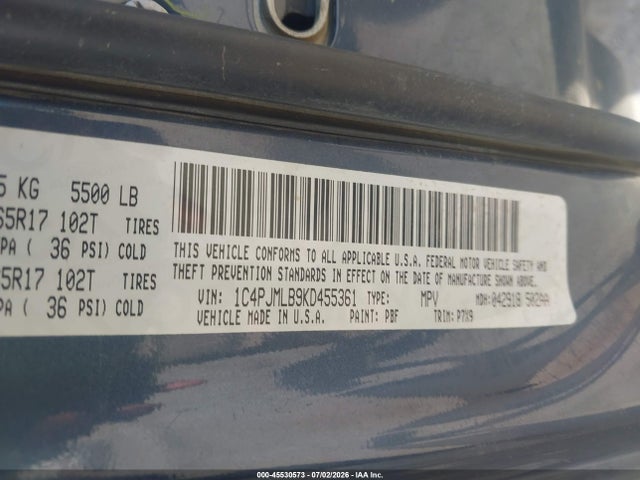 2019 Jeep Cherokee Latitude Plus 4x4 მანქანა იყიდება აუქციონზე, vin: 1C4PJMLB9KD455361, აუქციონის ნომერი: 45530573