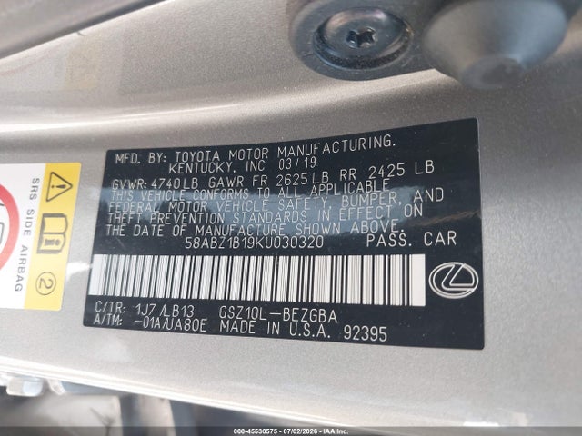 45530575 :رقم المزاد ، 58ABZ1B19KU030320 vin ، 2019 Lexus Es 350 Luxury مزاد بيع