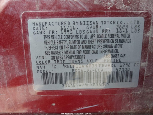 Aukcja sprzedaży 2017 Nissan Sentra Sv, vin: 3N1AB7AP9HY238047, numer aukcji: 45530576