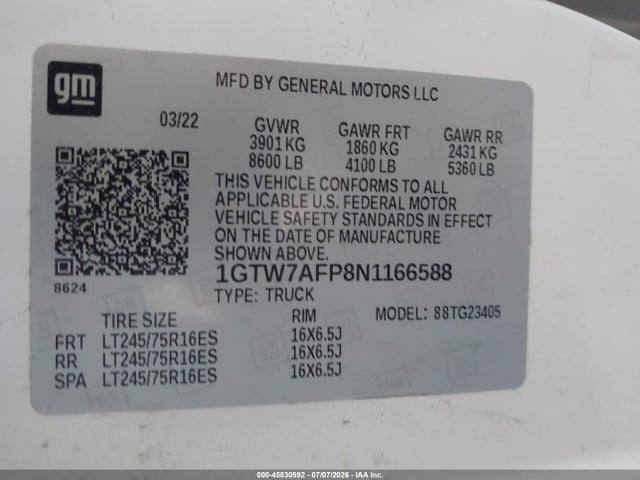 45530592 :رقم المزاد ، 1GTW7AFP8N1166588 vin ، 2022 Gmc Savana Cargo Rwd 2500 Regular Wheelbase Work Van مزاد بيع