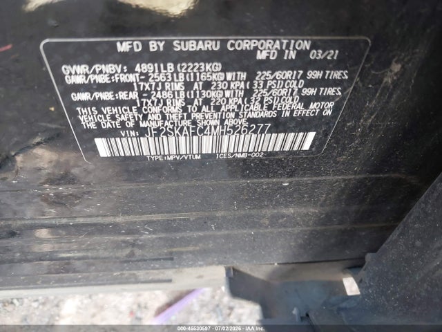Продаж на аукціоні авто 2021 Subaru Forester Premium, vin: JF2SKAFC4MH526277, номер лоту: 45530597