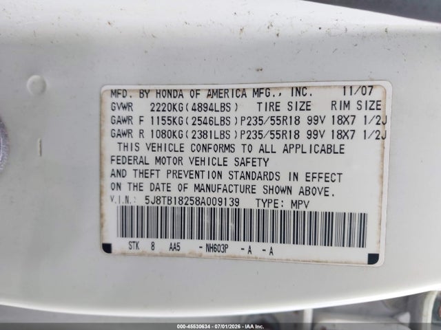 45530634 :رقم المزاد ، 5J8TB18258A009139 vin ، 2008 Acura Rdx مزاد بيع