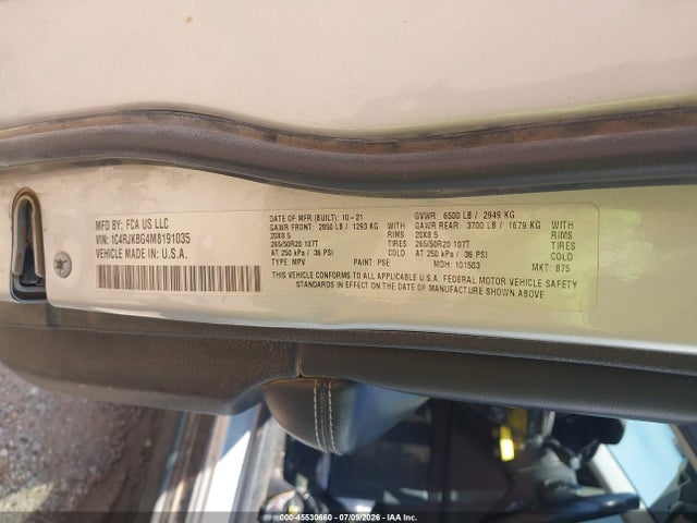 Продаж на аукціоні авто 2021 Jeep Grand Cherokee L Limited 4x4, vin: 1C4RJKBG4M8191035, номер лоту: 45530660
