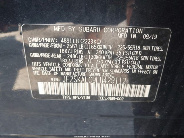 2020 Subaru Forester Sport მანქანა იყიდება აუქციონზე, vin: JF2SKALC9LH429112, აუქციონის ნომერი: 45530662