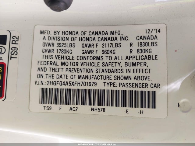 Продаж на аукціоні авто 2015 Honda Civic Si, vin: 2HGFG4A5XFH701979, номер лоту: 45530684