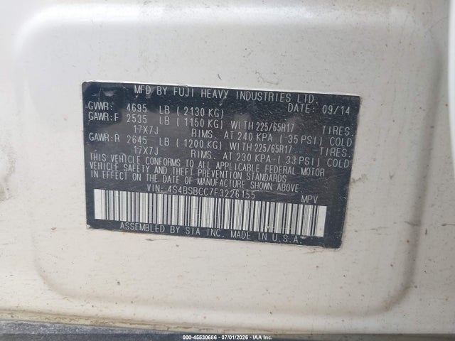 Продаж на аукціоні авто 2015 Subaru Outback 2.5i Premium, vin: 4S4BSBCC7F3226155, номер лоту: 45530686