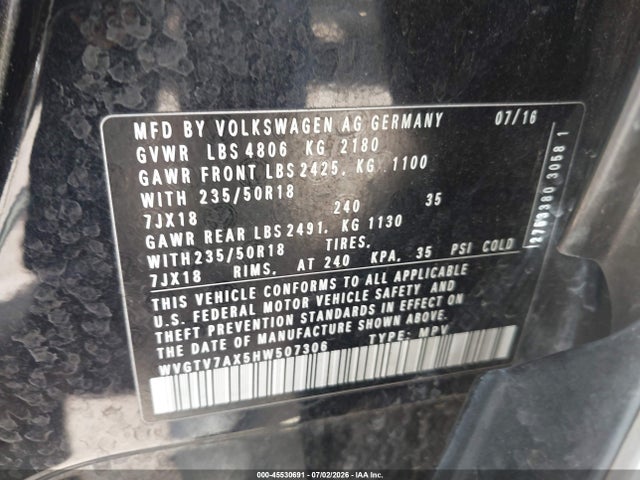 2017 Volkswagen Tiguan 2.0t Sport მანქანა იყიდება აუქციონზე, vin: WVGTV7AX5HW507306, აუქციონის ნომერი: 45530691