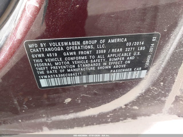 Продажа на аукционе авто 2014 Volkswagen Passat 1.8t S, vin: 1VWAS7A39EC084211, номер лота: 45530694