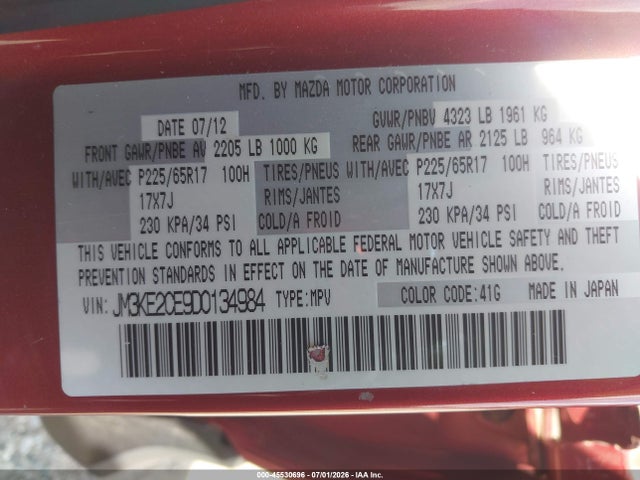 45530696 :رقم المزاد ، JM3KE2CE9D0134984 vin ، 2013 Mazda Cx-5 Touring مزاد بيع