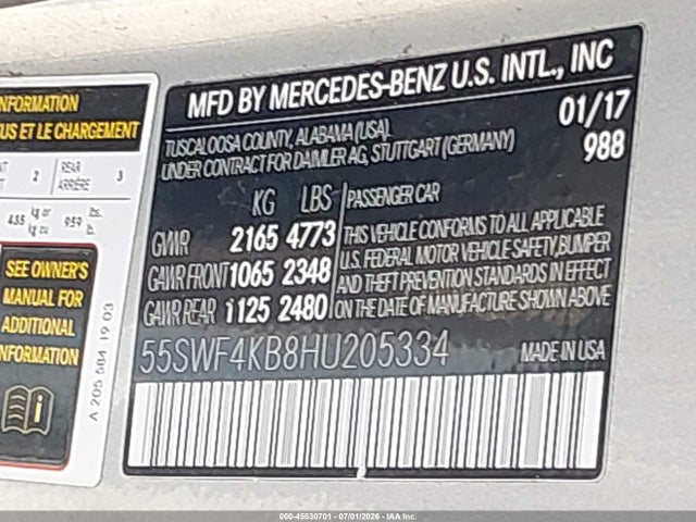 Продажа на аукционе авто 2017 Mercedes-benz C 300 4matic, vin: 55SWF4KB8HU205334, номер лота: 45530701