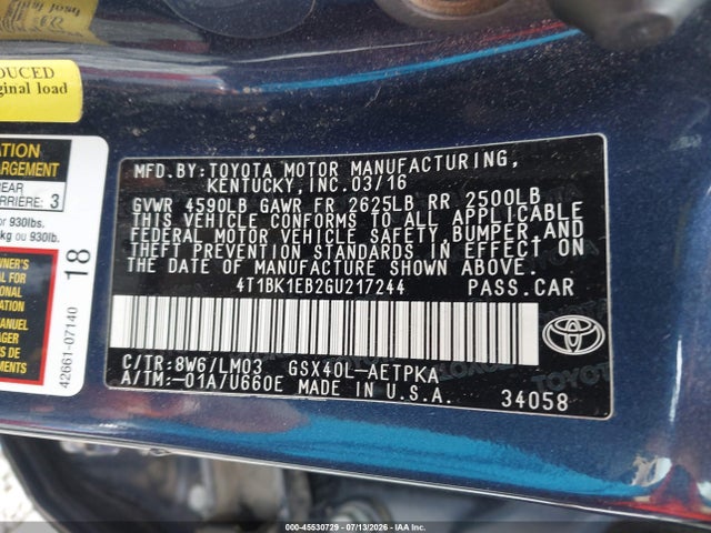 Toyota AVALON LIMITED 2016 4T1BK1EB2GU217244 Image 9