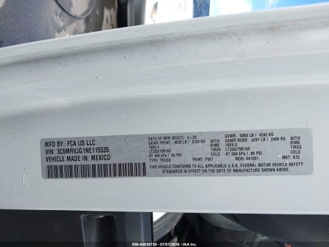 3C6MRVJG1NE115535 RAM Promaster 3500 Cargo Van High Roof 159 Wb Ext