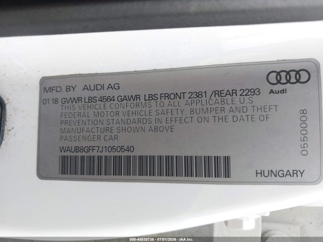 2018 Audi A3 2.0t Premium/2.0t Tech Premium მანქანა იყიდება აუქციონზე, vin: WAUB8GFF7J1050540, აუქციონის ნომერი: 45530738