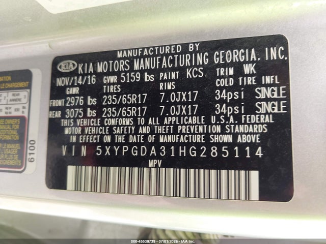 KIA Sorento 2.4l Lx 2017 5XYPGDA31HG285114 Image 9