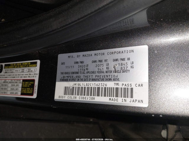 Aukcja sprzedaży 2012 Mazda Mazda3 I Touring, vin: JM1BL1L82C1562326, numer aukcji: 45530744