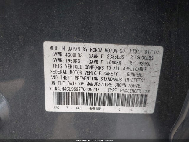 Aukcja sprzedaży 2007 Acura Tsx, vin: JH4CL96977C009297, numer aukcji: 45530750