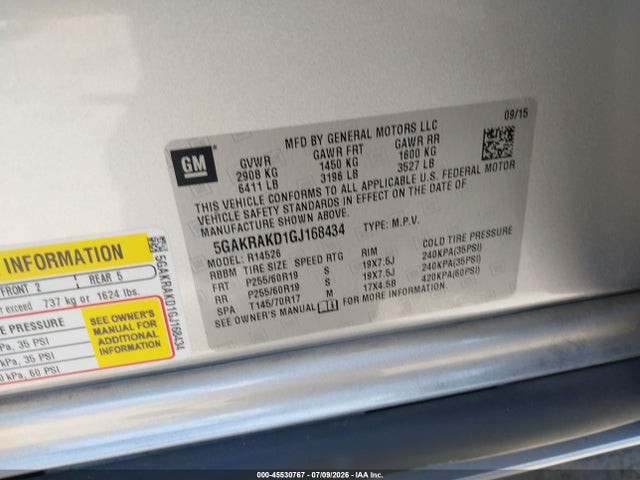 45530767 :رقم المزاد ، 5GAKRAKD1GJ168434 vin ، 2016 Buick Enclave Convenience مزاد بيع