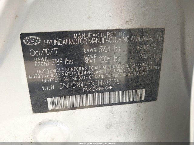 Aukcja sprzedaży 2018 Hyundai Elantra Limited, vin: 5NPD84LFXJH283125, numer aukcji: 45530776