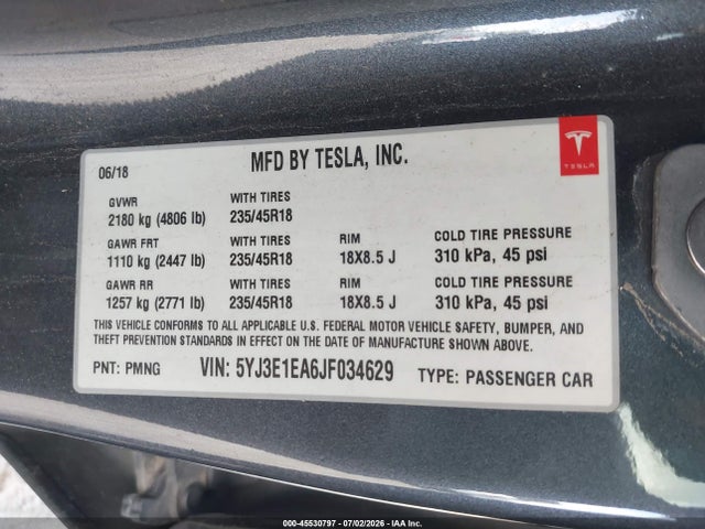 Продаж на аукціоні авто 2018 Tesla Model 3 Long Range/mid Range, vin: 5YJ3E1EA6JF034629, номер лоту: 45530797