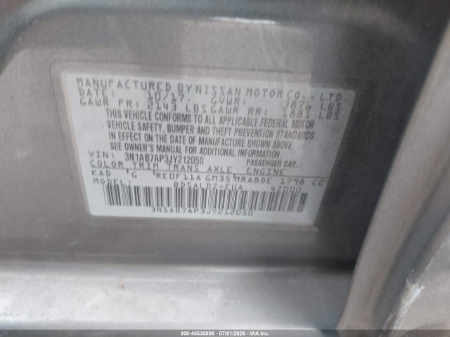 Продажа на аукционе авто 2018 Nissan Sentra Sv, vin: 3N1AB7AP3JY212050, номер лота: 45530806