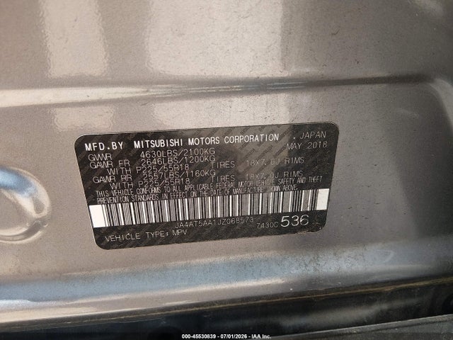 45530839 :رقم المزاد ، JA4AT5AA1JZ068573 vin ، 2018 Mitsubishi Eclipse Cross Se/sel مزاد بيع