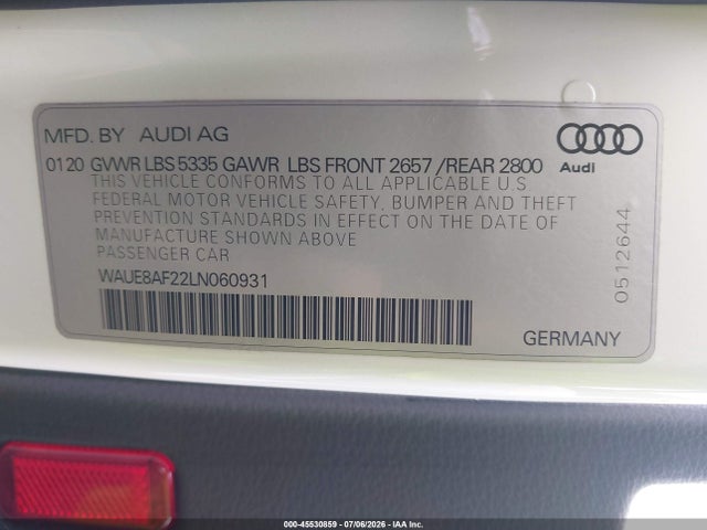 Aukcja sprzedaży 2020 Audi A6 Premium Plus, vin: WAUE8AF22LN060931, numer aukcji: 45530859