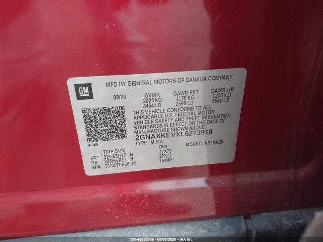 45530866 :رقم المزاد ، 2GNAXKEVXL6273918 vin ، 2020 Chevrolet Equinox Fwd Lt 1.5l Turbo مزاد بيع