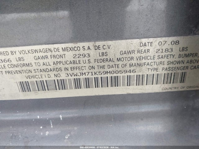 2009 Volkswagen Jetta S მანქანა იყიდება აუქციონზე, vin: 3VWJM71K59M005946, აუქციონის ნომერი: 45530886