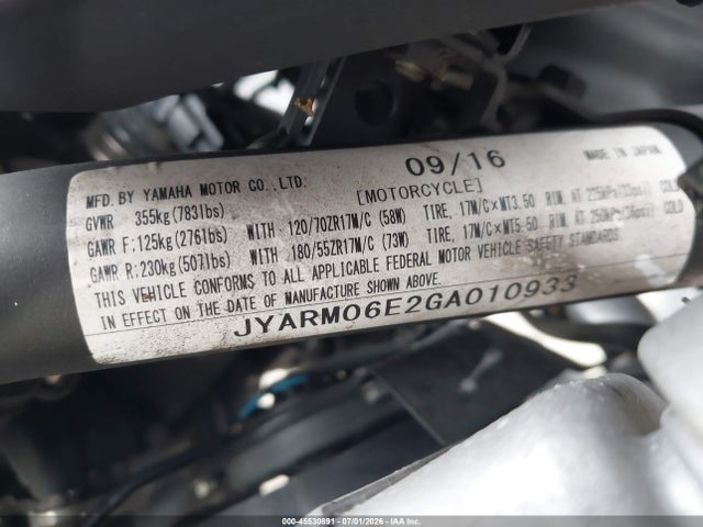 Aukcja sprzedaży 2016 Yamaha Fz07, vin: JYARM06E2GA010933, numer aukcji: 45530891