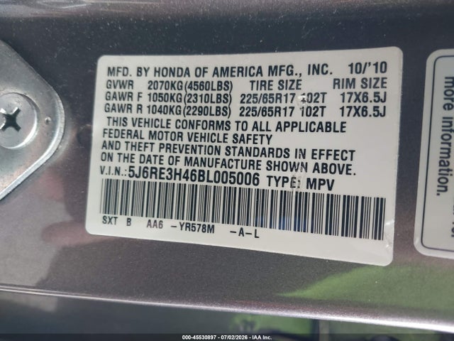 45530897 :رقم المزاد ، 5J6RE3H46BL005006 vin ، 2011 Honda Cr-v Se مزاد بيع