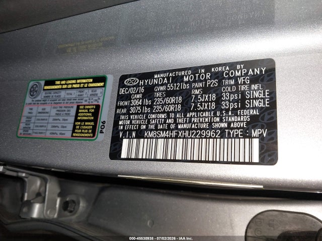 Aukcja sprzedaży 2017 Hyundai Santa Fe Se, vin: KM8SM4HFXHU229962, numer aukcji: 45530938