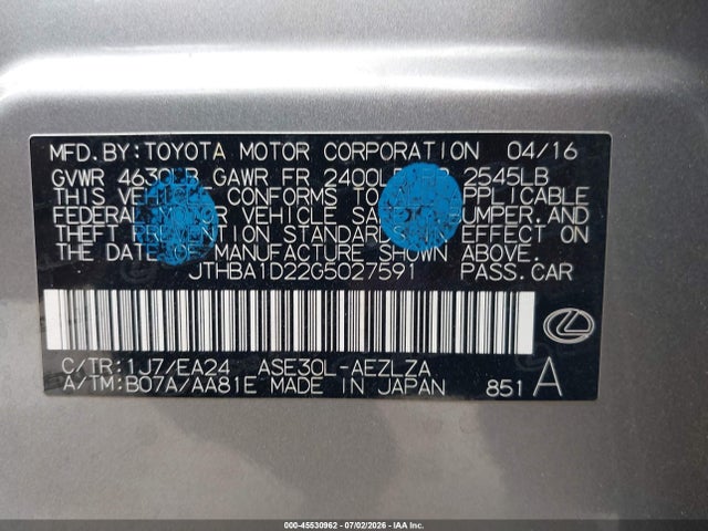 Aukcja sprzedaży 2016 Lexus Is 200t, vin: JTHBA1D22G5027591, numer aukcji: 45530962